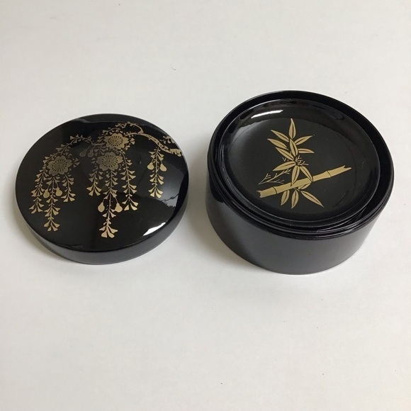 Vintage Japanese Black Lacquerware Box 6 Round Coasters Bamboo Cherry Blossom - Picture 2 of 12